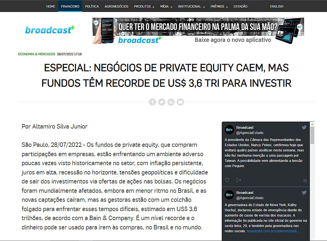 ESPECIAL: NEGCIOS DE PRIVATE EQUITY CAEM, MAS FUNDOS TM RECORDE DE US$ 3,6 TRI PARA INVESTIR